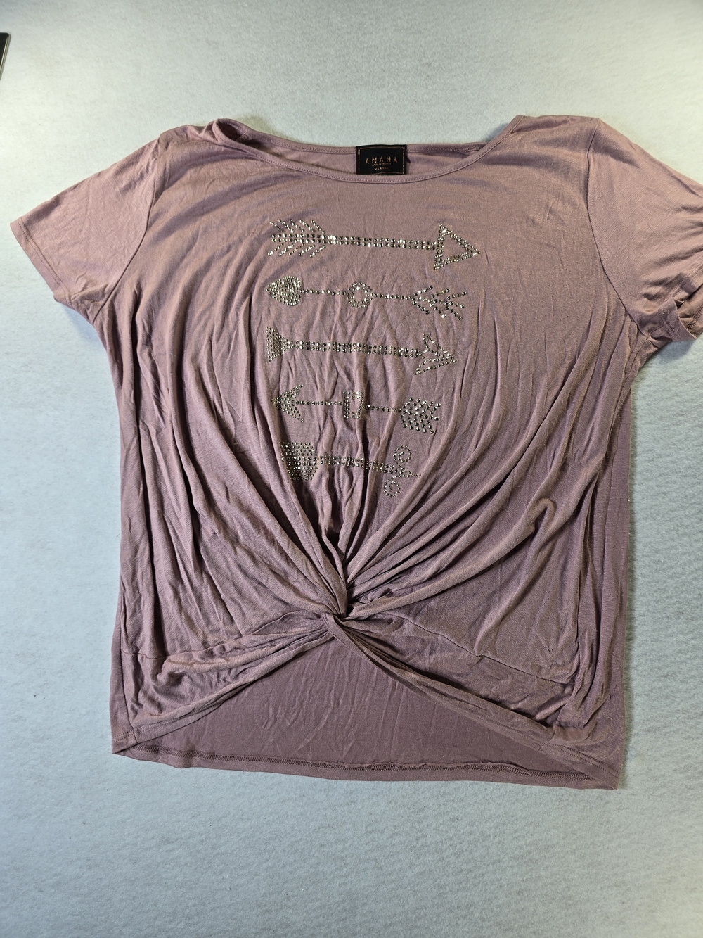Amana Dusty Mauve Twist-Front Short Sleeve Tee with Stud Arrow Detail Size XL
